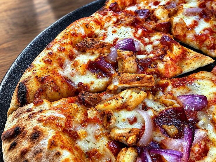 Pizza de pollo y cebolla roja sobre su bandeja, en el bar La Plaza